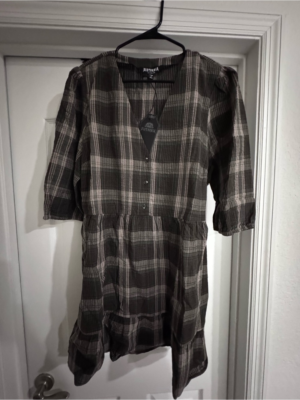 Disturbia Olive and Cream Plaid Midi Dress